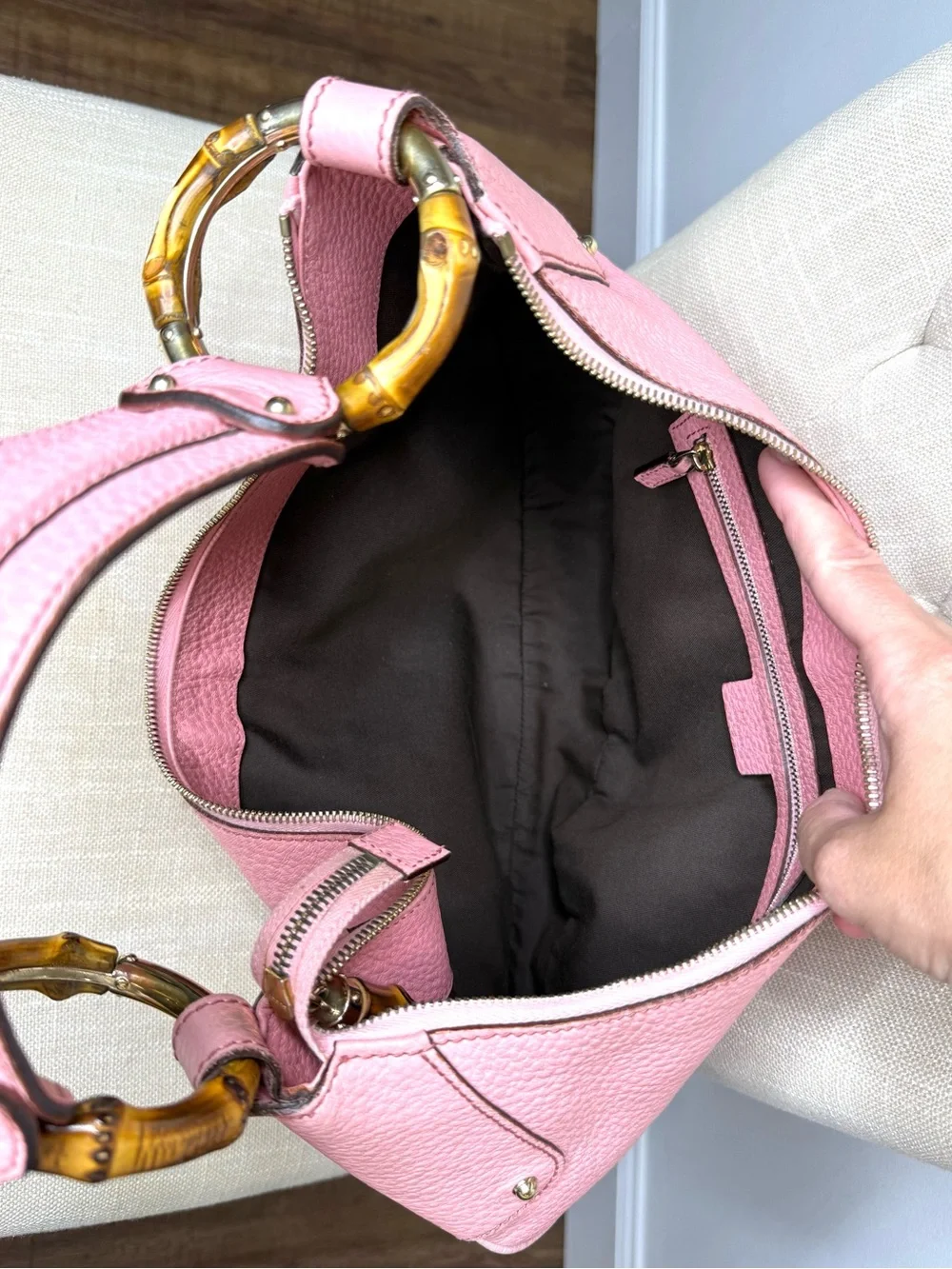 Authentic Gucci pink leather hobo bag bamboo accents shoulder bag
